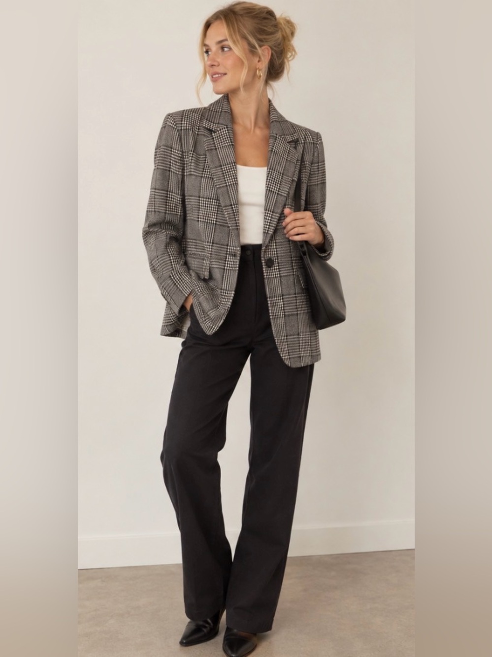 GAP Women's Black & White Glen Plaid Single-Button Blazer